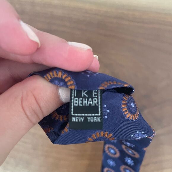 IKE BEHAR Neck Tie Orange NavyFloral Geometric Woven 100% Silk Hand Tailored USA - Picture 2 of 5